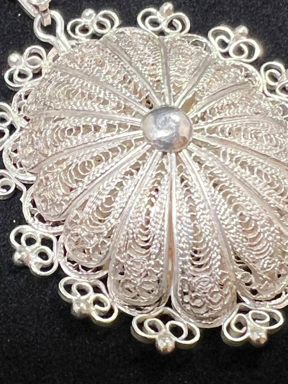 Vintage Cannetille Silver Filigree Dome Starburst Pendant Necklace 12"